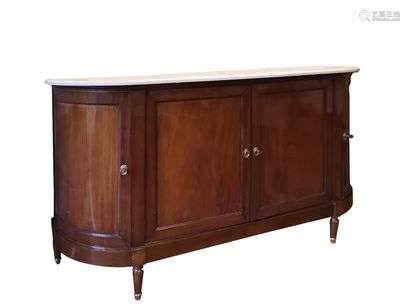 Mahogany and mahogany veneer half moon sideboard opening by two front leaves and two corner doors. It rests on four white marble top spinning legs. Work circa 1800. Top. : 102 cm - width 194 cmDepth: 51 cm