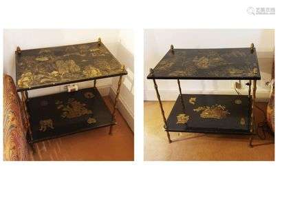 Assigned to RingsPair of tables with superimposed tops lacquered black and gold.High. 55 cm - Width : 60 cm - Depth : 40 cm