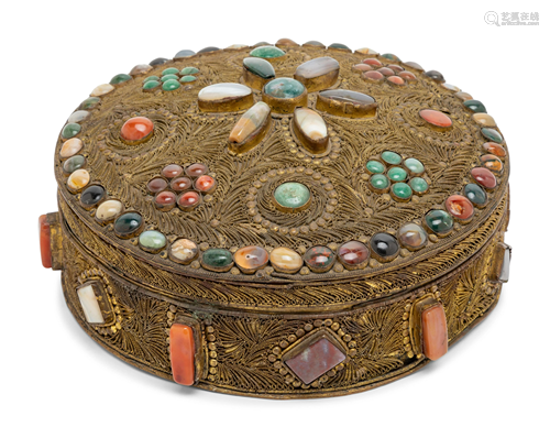 A Tibetan Hardstone Mounted and Filigree Decorat…