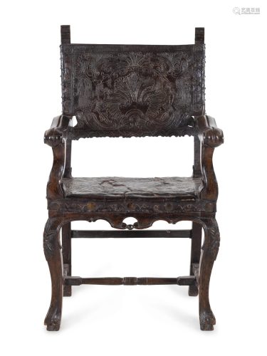 A Henry II Style Leather-Upholstered Open Armchair