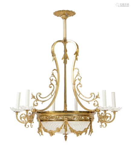 A Louis XV Style Brass and Glass Six-Light Chandelier