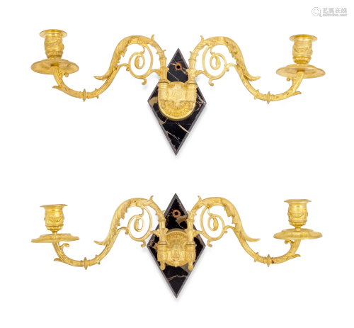 A Pair of French Gilt Bronze Two-Light Sconces