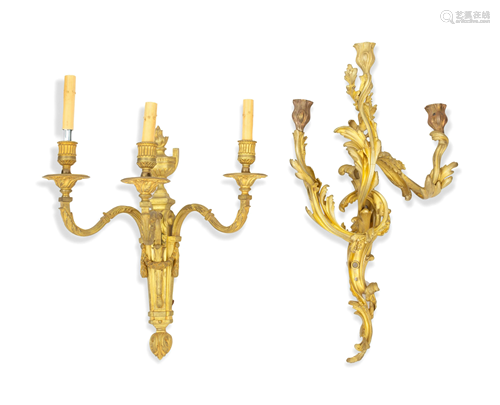 Two French Gilt Bronze Three-Light Sconces