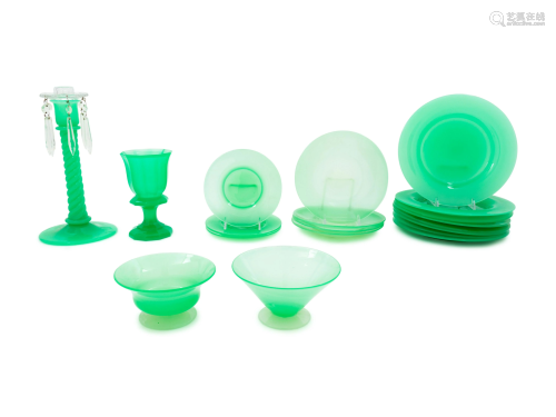 A Group of Green Opaline Glass Table Articles