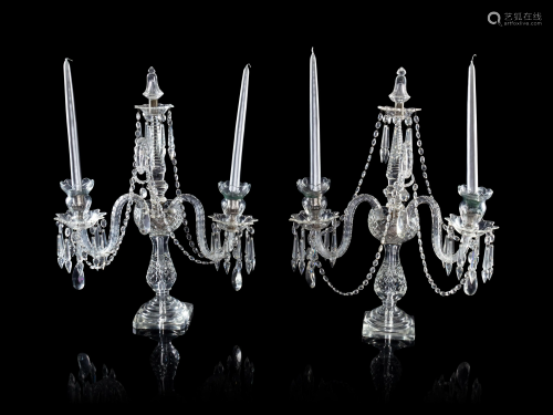 A Pair of Edwardian Cut-Glass Two-Light Candelabra