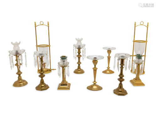 Five Pairs of Glass Mounted Brass Candlesticks