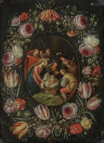 Adoration of the Shepherds in Floral Wreath