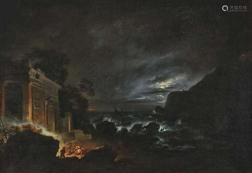 Nocturnal Rocky Shore with Shipwrecked People