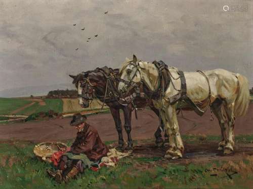 A Farmer Resting with Two Plough Horses