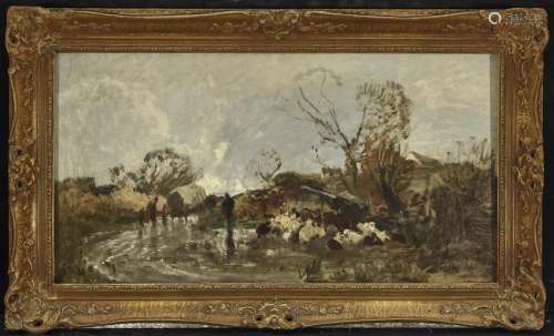 Village Landscape with Covered Wagon and Flock of Sheep