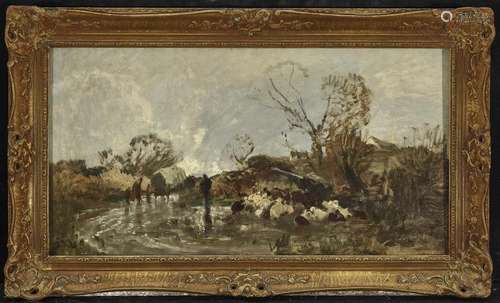 Village Landscape with Covered Wagon and Flock of Sheep