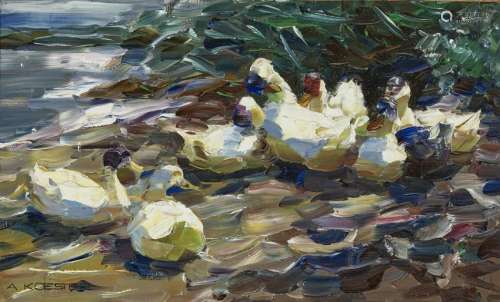 Ducks by the Bank (seven white ducks)