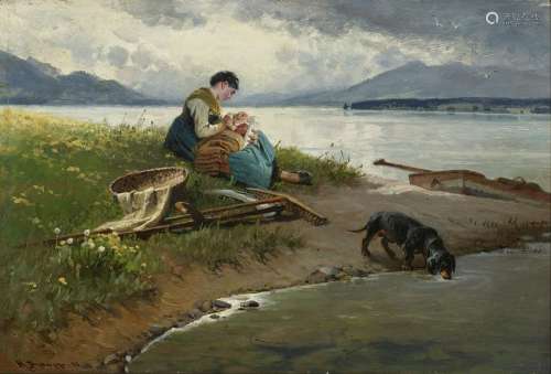 Peasant Woman with Child and Dachshund on the Shore of