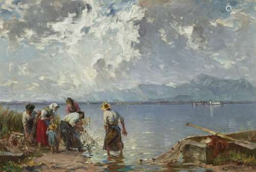 Fishermen Pulling in Their Nets on the Shore of Lake