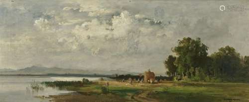Riverside Landscape with Farmers Harvesting Hay