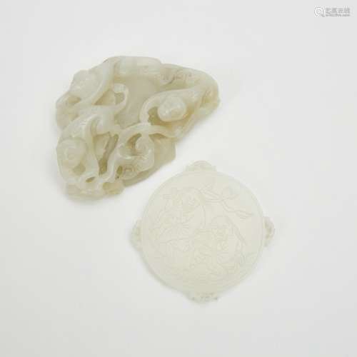 白玉和合二仙紋珮 白玉雕群猴擺件 Two White Jade Carvings of He-He Erxian Plaque and Monkeys