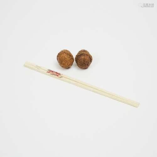 牙雕筷子 胡桃雕一組四件 A Pair of Inscribed Ivory Chopsticks and a Pair of Carved Walnuts