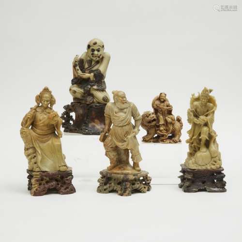 壽山石雕猴王 濟公 李逵 文殊菩薩 羅漢一組五件 A Group of Five Chinese Soapstone Carved Figures