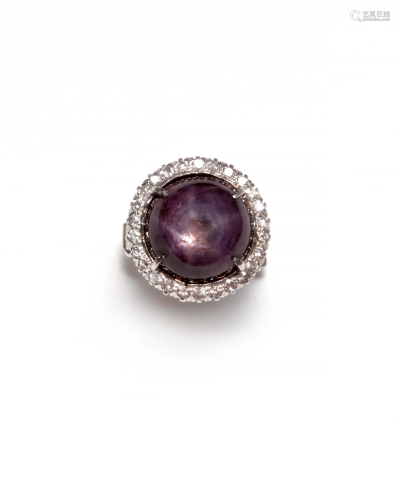 A star sapphire, diamond and white gold ring