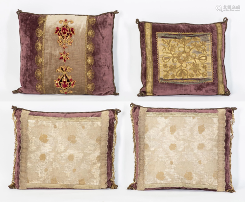 Four Venetian velvet and metal thread pillows