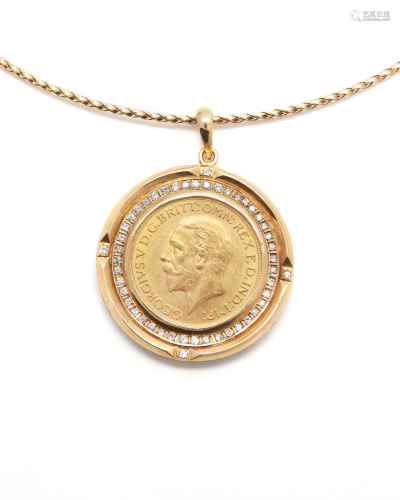 A sovereign gold coin, diamond & 18k gold pendant