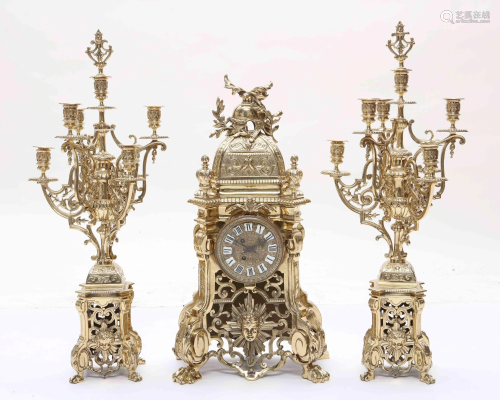 Louis XIV style brass three piece clock garniture