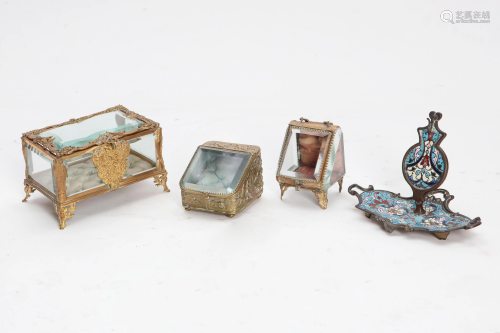 Three gilt metal and glass jewelry boxes