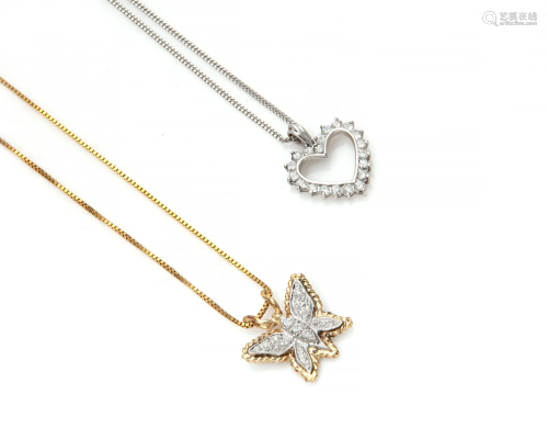 Two diamond & gold necklaces, heart, butterfly