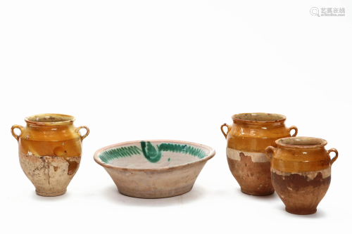 A group of three semiglazed vessels and bowl