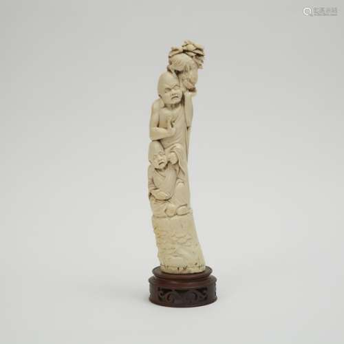 牙雕羅漢福獅立像 An Ivory Tusk Form Carving of Two Monks and a Shishi
