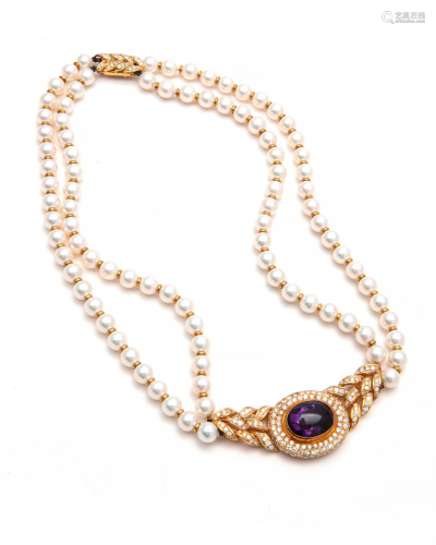 A pearl, amethyst, diamond and 18k gold neckl…