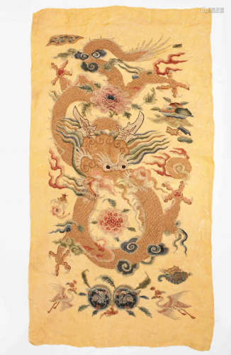 A Chinese silk and metal thread embroidered panel
