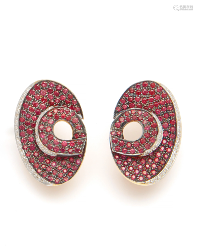A pair of ruby, diamond and gold earclips