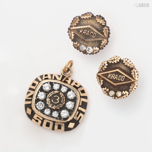 A diamond & gold Indy 500 pendant & tie tacks