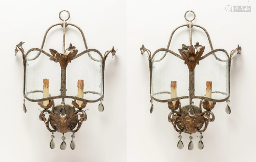 Pair of Baroque style metal and glass wall lights