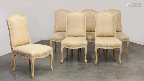 Six Louis XV style oak and leather dining chairs