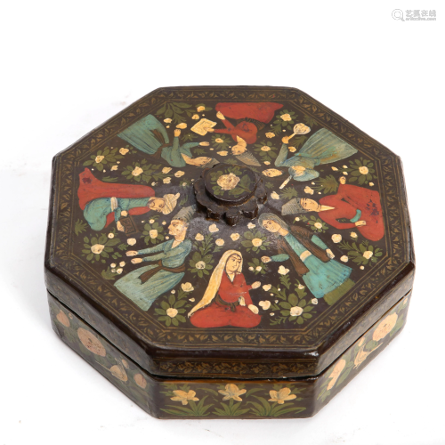 A Persian octagonal lacquer box