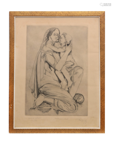 Mexican School, etching, Mother and child, Lewin