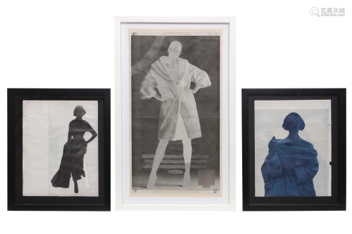A group of three fashion prints in shadow boxes