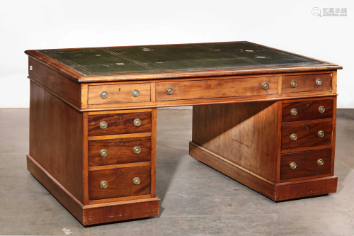 An English mahogany pedestal partners desk