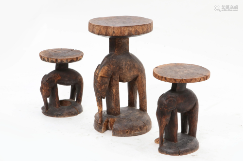 Three carved wood African elephant stools