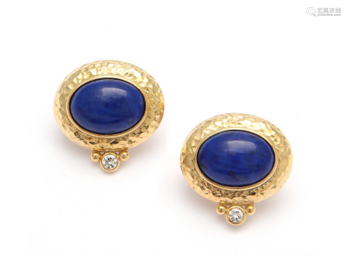 Pair of lapis lazuli, diamond & 18K gold earrings