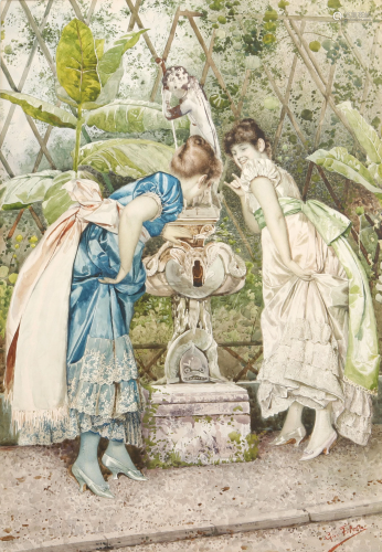 Giovanni Filosa, watercolor, The garden fount…