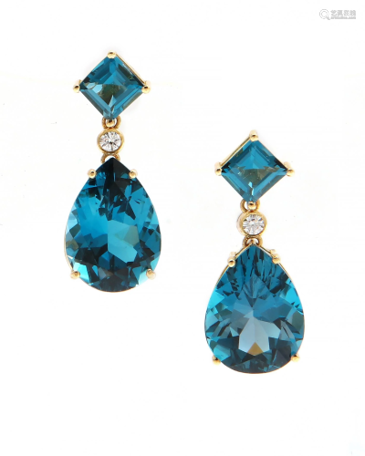Pair of blue topaz, diamond & gold ear pendants