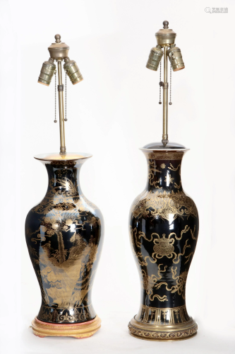 Two Chinese Famille Noir vases as table lamps