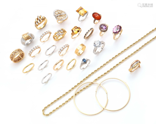 26 pieces of gemset, silver and gold jewelry