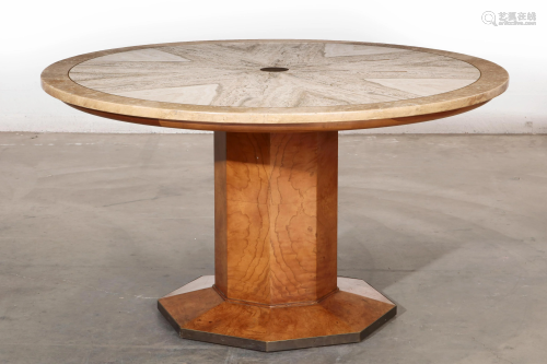 A Widdicomb travertine and burlwood center table