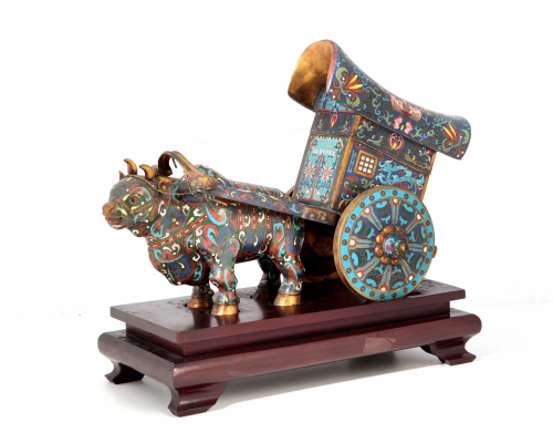 A Chinese cloisonne model of an ox and cart