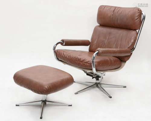 A Selig chrome and leather lounge chair & ottoman