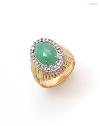 A jadeite, diamond and 14k bi-color gold ring
